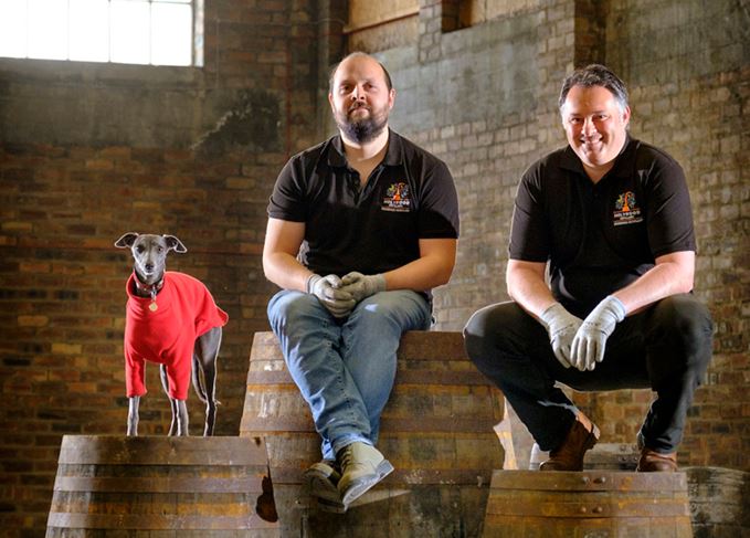 Holyrood distillery dog Laika, head distiller Jack Mayo and co-founder David Robertson