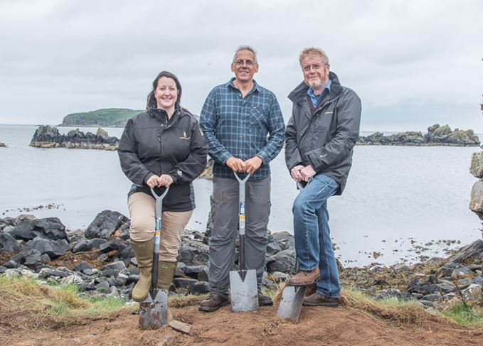 Ground breaking: (L-R) Georgie Crawford, Professor of Archaeology Steve Mithen, and Nick Morgan