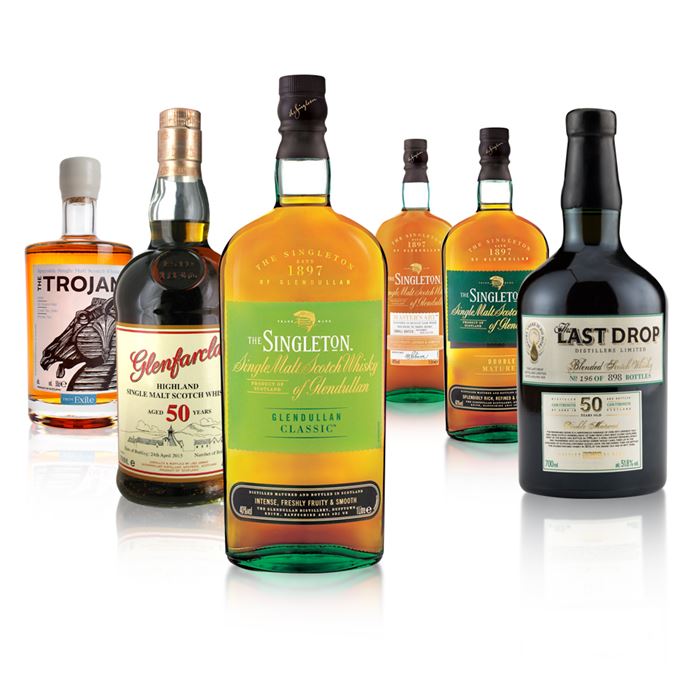Two 50-year-olds from Glenfarclas and Last Drop, plus three Singleton of Glendullans and The Trojan.