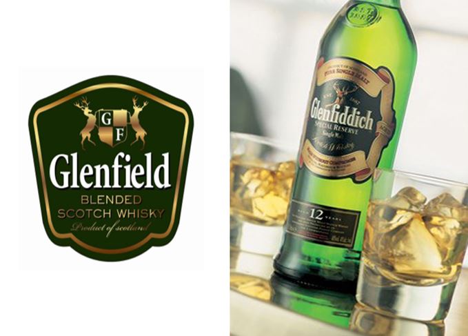 Glenfiddich and Glenfield whisky labels