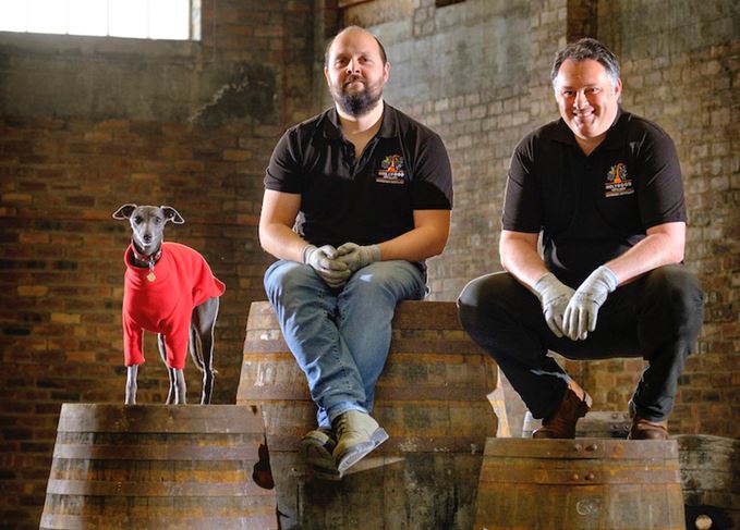 Holyrood distillery dog Laika, manager Jack Mayo, co-founder David Robertson