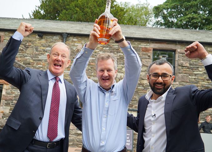 Lakes distillery Genesis held by CEO Nigel Mills CBE, Lakes founder Paul Currie and whiskymaker Dhavall Gandhi 