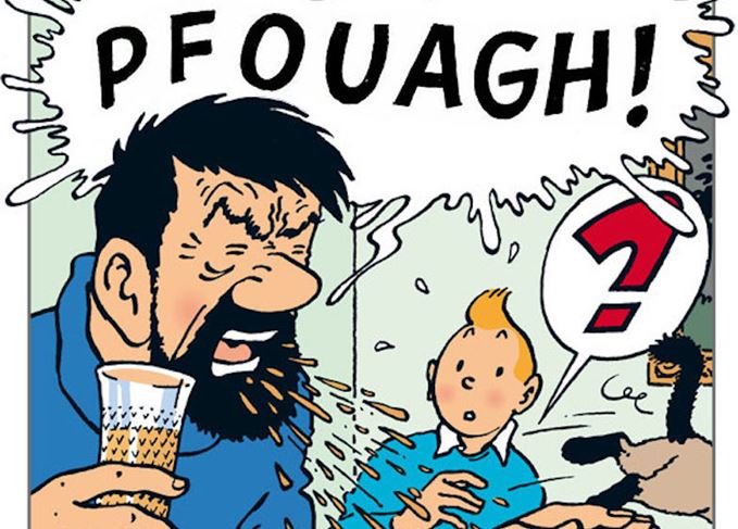 Captain Haddock spits out whisky beside Tintin