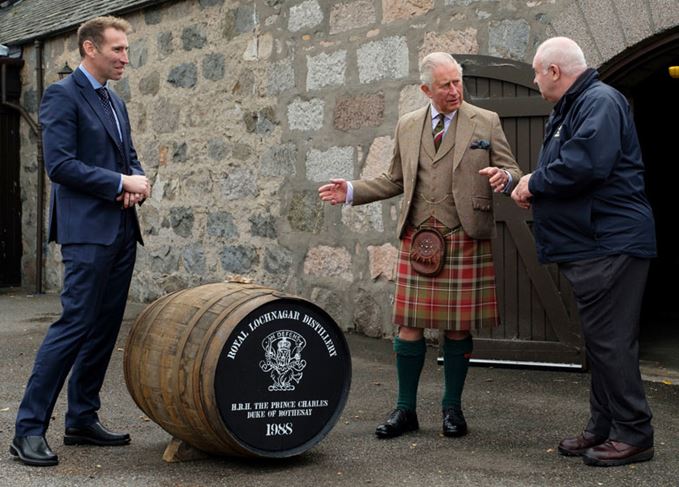 Prince Charles with the Royal Lochnagar single cask to be bottled for charity