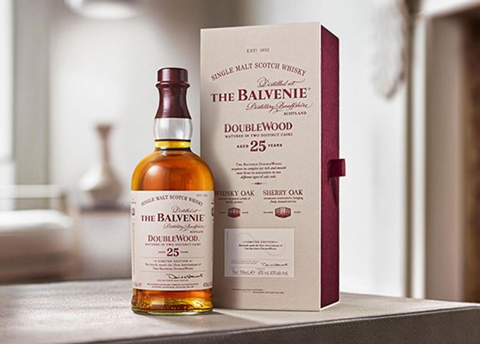 Balvenie DoubleWood 25-year-old with packaging on table