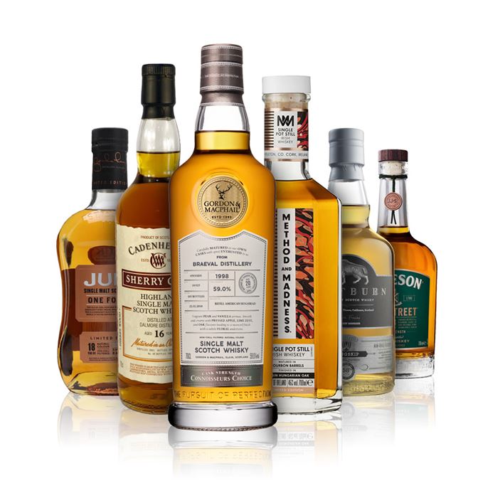 Braeval Connoisseurs' Choice, Dalmore by Cadenhead, Wolfburn Langskip, Method and Madness Hungarian Oak Finish, Jura One for You and Jameson Bow Street