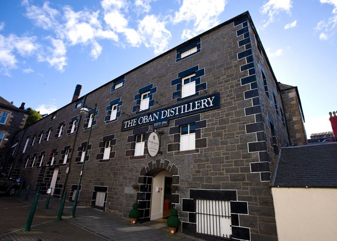 Oban distillery building sign and front door