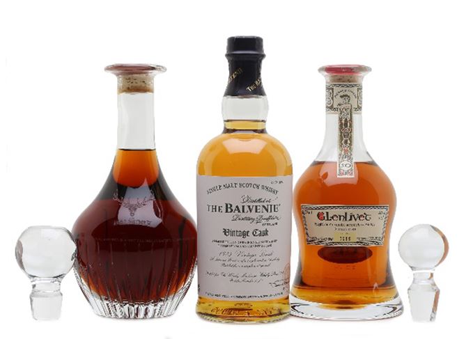 Decanters of 1973 Balvenie, 50-year-old Glenlivet